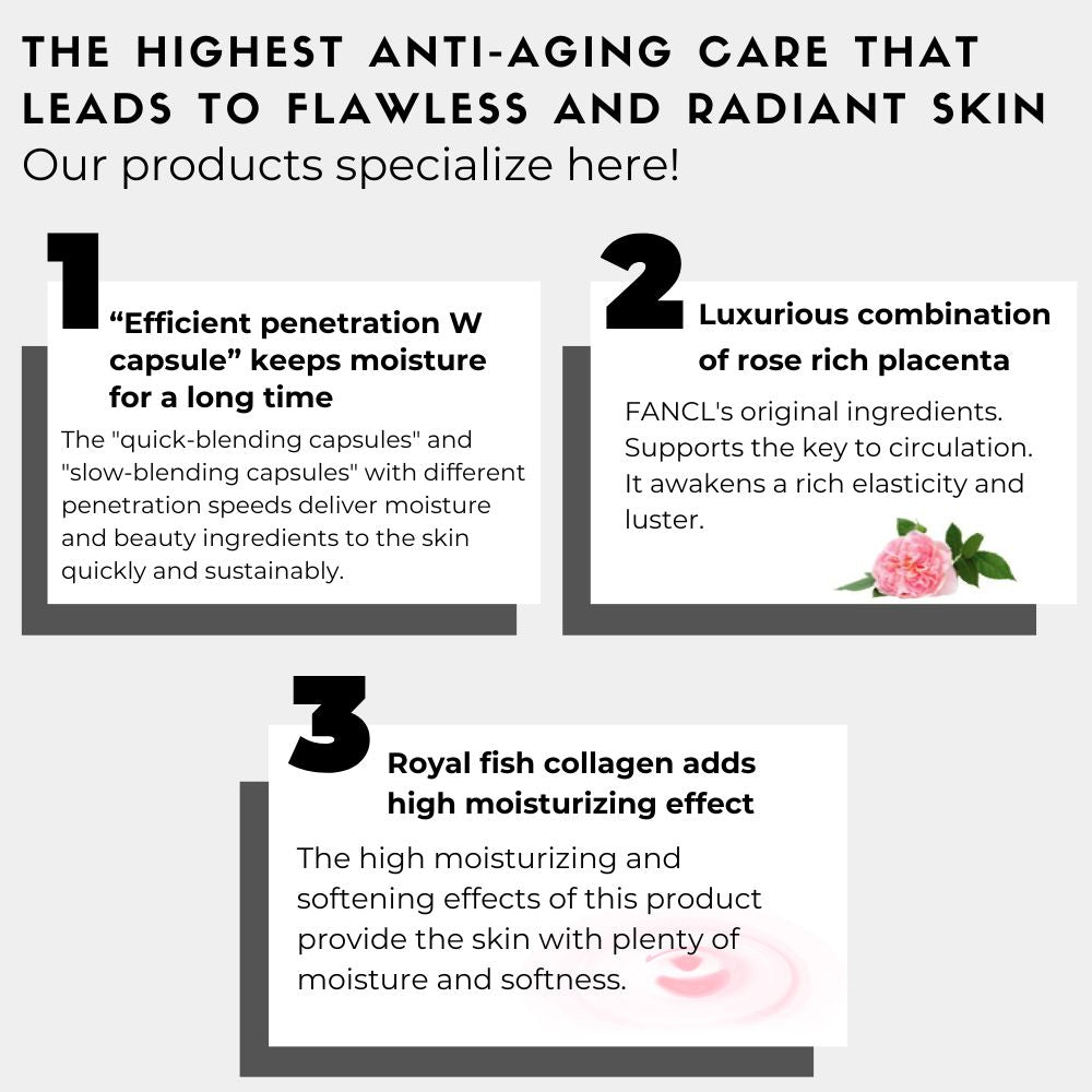 FANCL BC Lotion is highest Anti-Aging care that leads to flawless and radiant skin. Efficient penetration W capsule keeps moisture for a long time, Luxurious combination of rose rich placenta supports the key to circulation, and royal fish collagen adds high moisturizing effect.