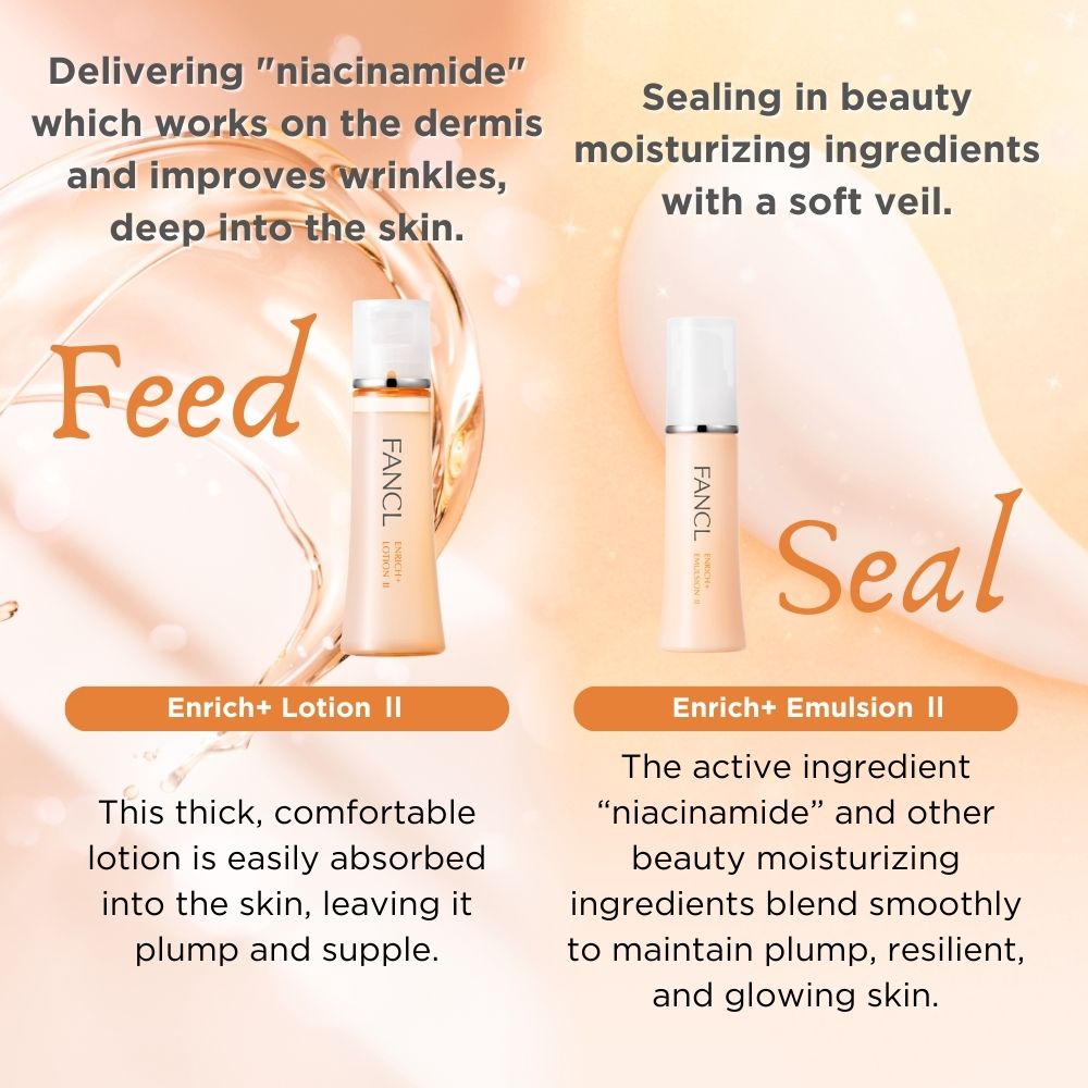 FANCL Enrich+ Lotion2 sealing in beauty moisturizing ingredients with a soft veil. the active ingredient "niacinamide" and other beauty moisturizing ingredients blend smoothly to maintain plump, resilient, and glowing skin.