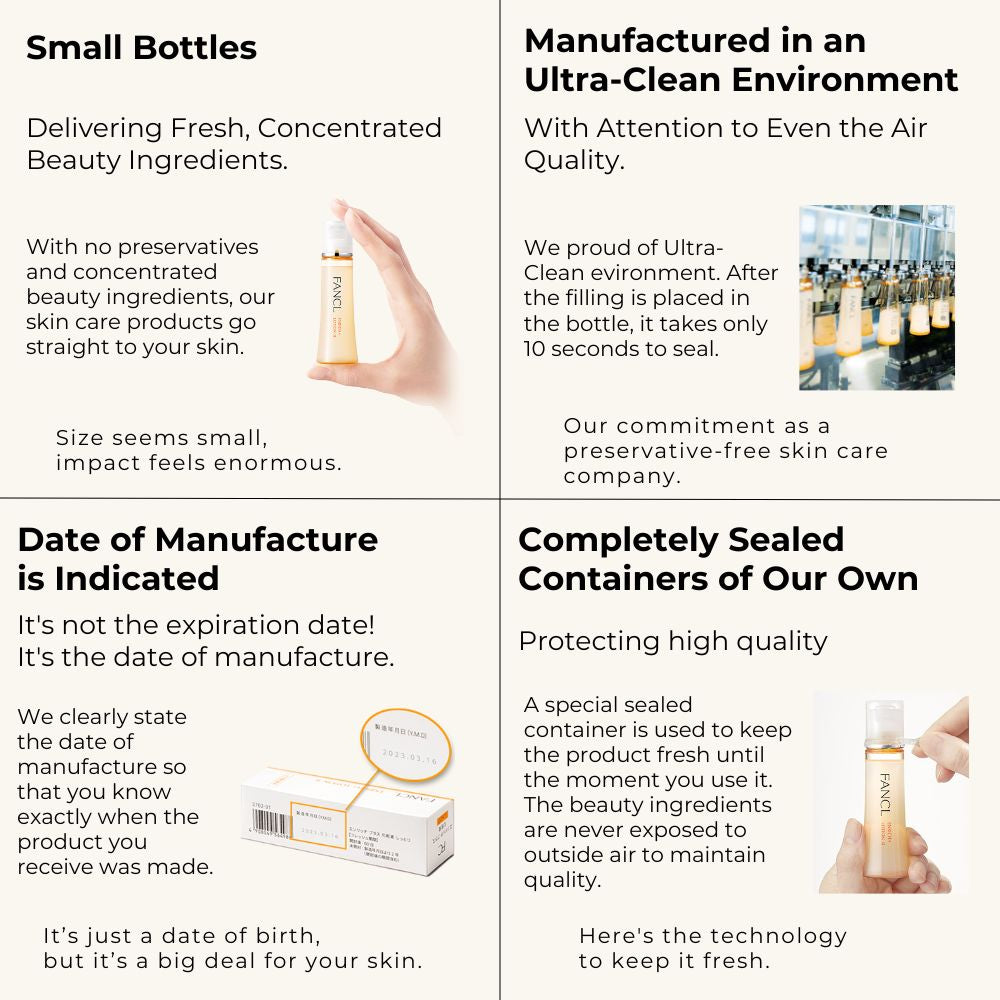 FANCL Enrich commitment. Small bottle for delivering fresh, concentrated beauty ingredients, manufactured in an ultra-clean environment, date of manufacture is indicated, and completely sealed containers of our own. Small bottles, Ultra-clean environment, date of manufacture, completely sealed