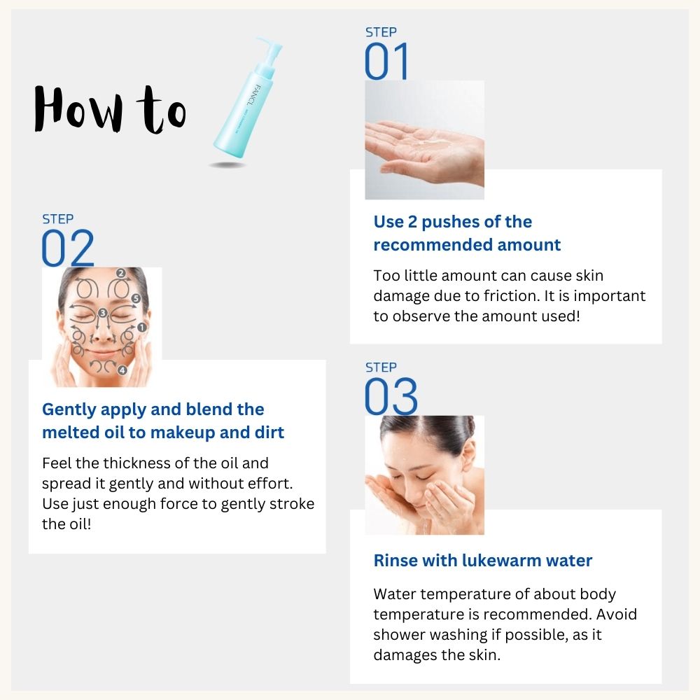 Description page about how to use FANCL mild cleansing oil