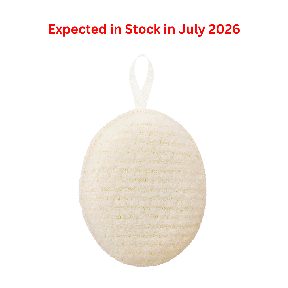 Round beige bath sponge with a white string on a white background, text indicating stock availability in July 2026.